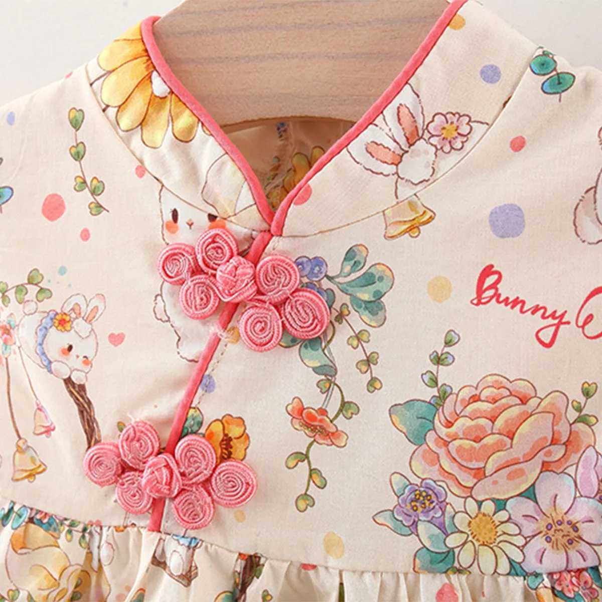 Summer Baby Girls New Dress Sweet Little Rabbit Printed Fly Sleeves Suitable for Chinese Style Qipao for Children Aged 80-120 X250220