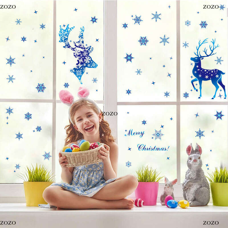 Christmas Decoration Snowflake Sticker Glass Window Decor Sticker Christmas Blue Snowflake Elk Electrostatic Sticker
