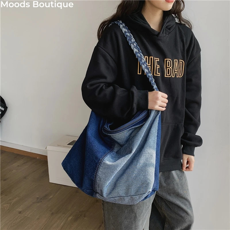 Oversized Patchwork Tote Bags For Women Latest Trend Shoulder Crossbody Bag Braided Strap New Denim Fabric Big Capacity Shopper 240731