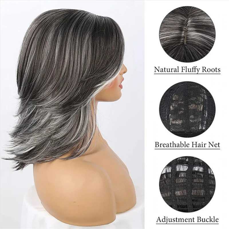HAIRJOY Dark Grey Umbre Layered Wig with bangs suitable for black women with synthetic short hair grey high gloss straight layered Bob wig W240801