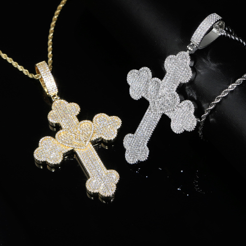 Hip Hop Lover Heart Cross Pendant Necklace 5A Zircon White Gold Plated Religious Jewelry