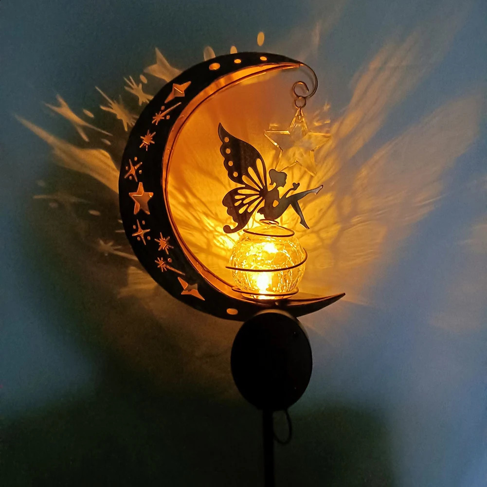 Moon Solar Light Waterproof Garden Decoration Lamp Iron Art Elf / Flower Fairy Lamp LED Glass Ball Garden Light for Outdoor Yard 240801