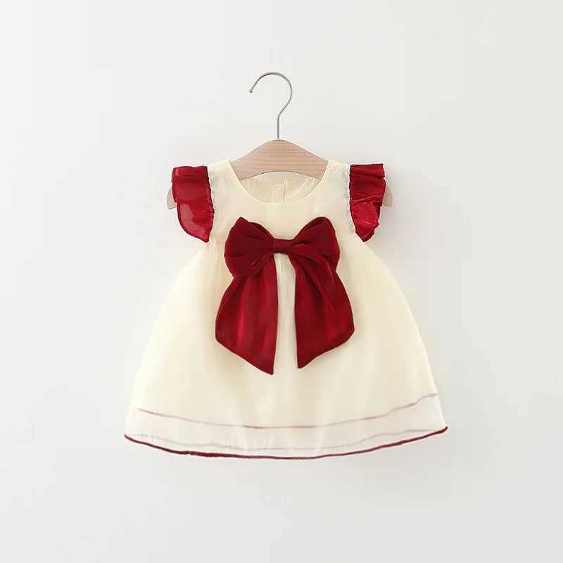 New Years Dress Girls Summer Dress Solid Red Flying Sleeves Bow Twilight Cloud Princess Dress Suitable for 0-3 Year Old Babies X250220