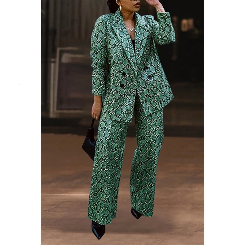 Plus Size Formal Womens Pant Set Green Print Lapel Blazer Suit Two Piece Pant Set Business Clothing 240715