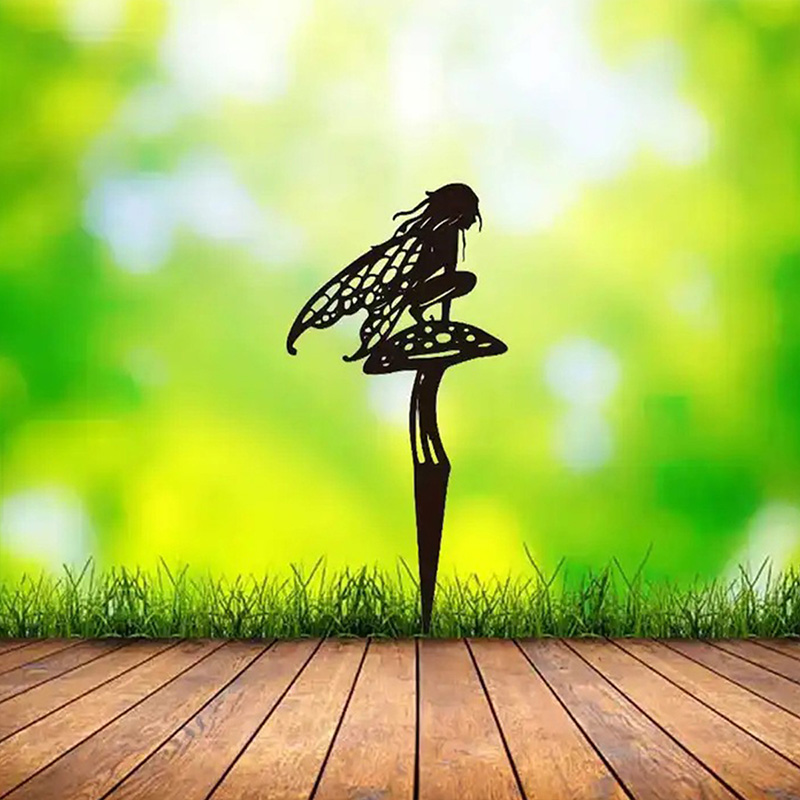 Fairy Garden Elf Metal Squat Mushroom Fairy Silhouette Patio Sign For Garden Decor Outdoor Fall Decor Fence Top