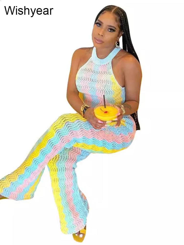 Fashion Rainbow Stripe Knit Ribbed Outfit Women Sleeveless Tank Cargo Top and Flared Pants Two 2 Piece Set Streetwear Tracksuit 240813