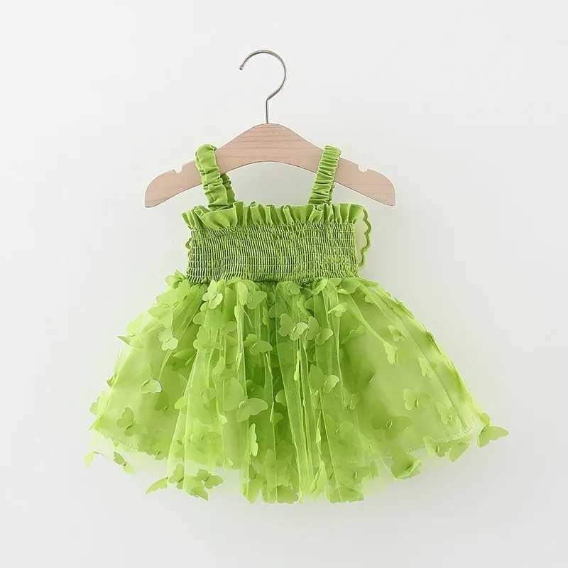 Summer girls camisole dress solid color butterfly 3D printing sleeveless mesh splicing butterfly wing fluffy skirt X250220