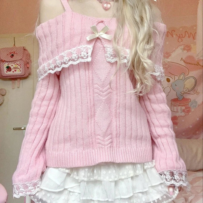 Kawaii Lace Trim Off Shoulder Pullovers Pretty Cute Outfits Harajuku Cosplay Sweater Y2K Aesthetic Vintage Long Sleeve Jumpers 240801