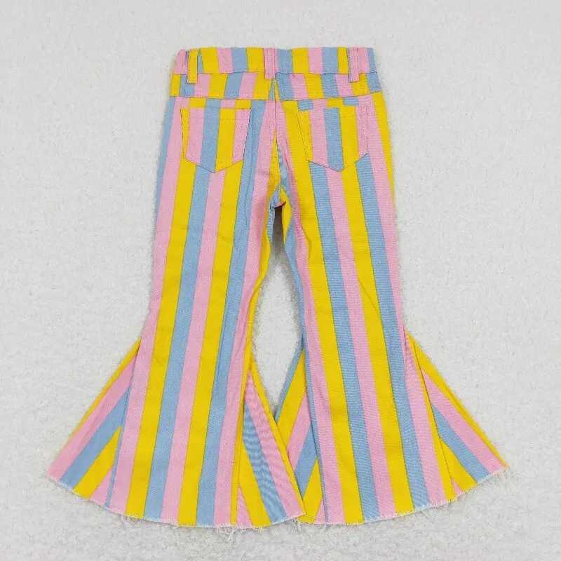Wholesale Baby Girl Zipper Denim Trousers Blue Stripes Kids Jeans Children Toddler Flared Bell Bottom Pocket Resizable Pants Y240801