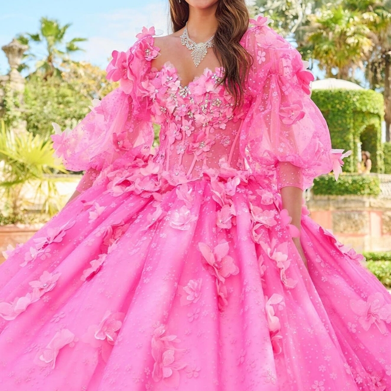 Luxury Pink Shiny Ball Gown Quinceanera Dresses Off Shoulder Appliques Handmade Flowers Beads Tull Corset Vestido De 15 Anos Sweet 16