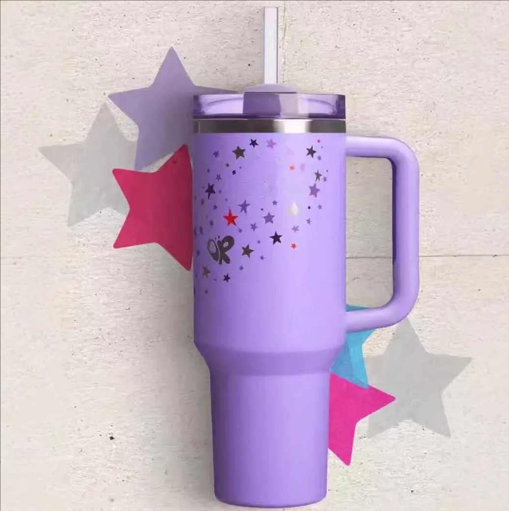 New 1Pc 40Oz Purple Stars Cups 40Oz Stainless Steel Tumblers With Handle Lid And Straw Thermos Water Bottles Insulated Car Mugs