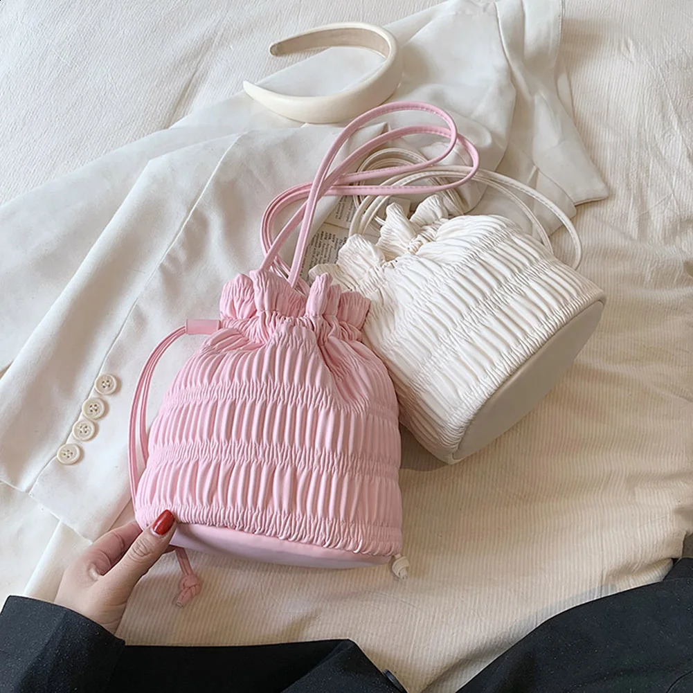 Women Messenger Bags PU Leather Bucket Drawstring Hobo Lightweight Pleated Trendy Sweet Crossbody Shopping Bag