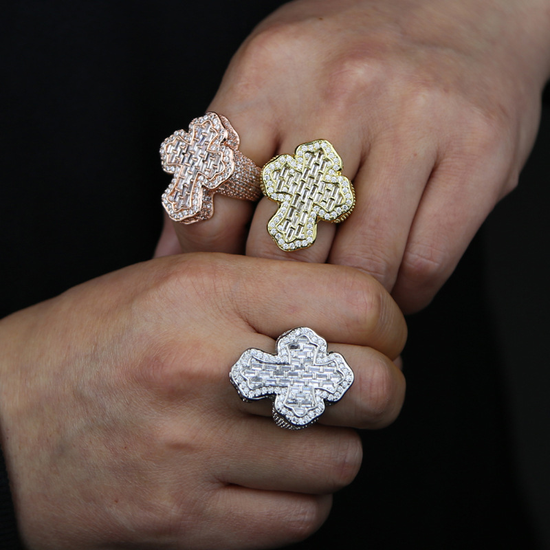 TopBling Cross Finger Ring Iced AAAAA Zircon Prong Setting Fashion Luxulry Men Hip Hop Jewelry for Gift