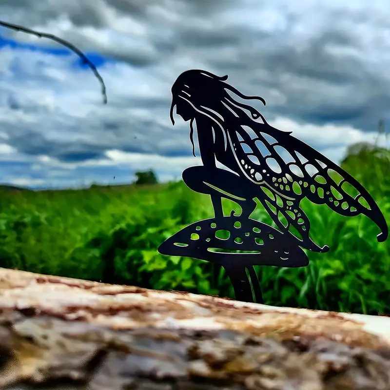 Fairy Garden Elf Metal Squat Mushroom Fairy Silhouette Patio Sign For Garden Decor Outdoor Fall Decor Fence Top