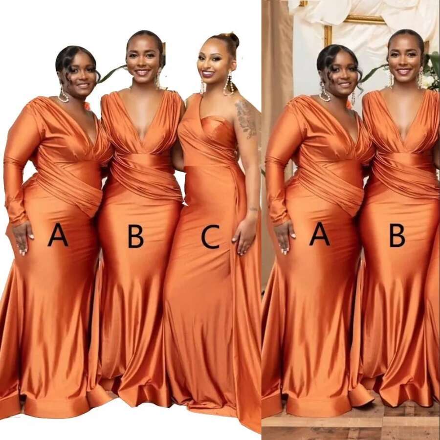 Bridesmaid Dresses Mermaid African Orange Plus Size Nigeria Girls Summer Wedding Guest Dress Sexy V neck Long Maid of Honor Gowns Sweep Train