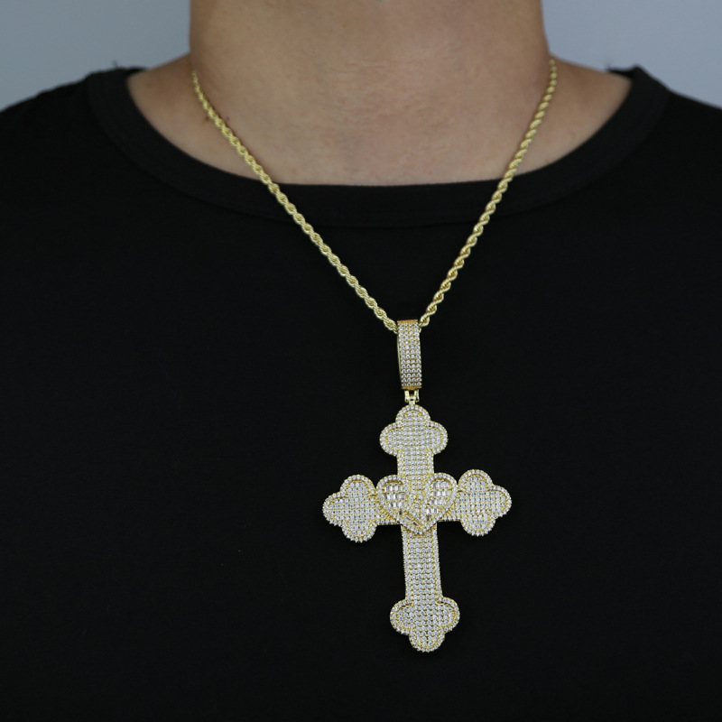 Hip Hop Lover Heart Cross Pendant Necklace 5A Zircon White Gold Plated Religious Jewelry