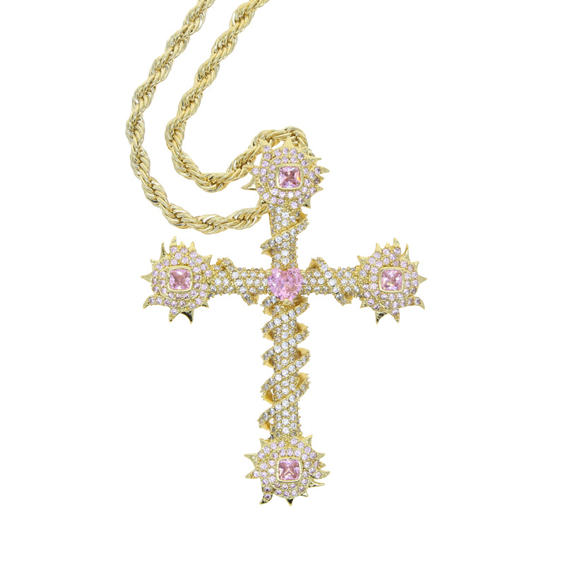 Hip Hop Pink Ziron Cross Pendant Necklace White Gold Plated Lover Couple Religious Jewelry Gift