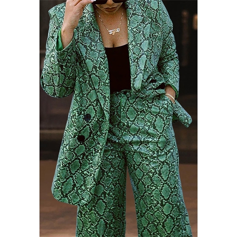 Plus Size Formal Womens Pant Set Green Print Lapel Blazer Suit Two Piece Pant Set Business Clothing 240715