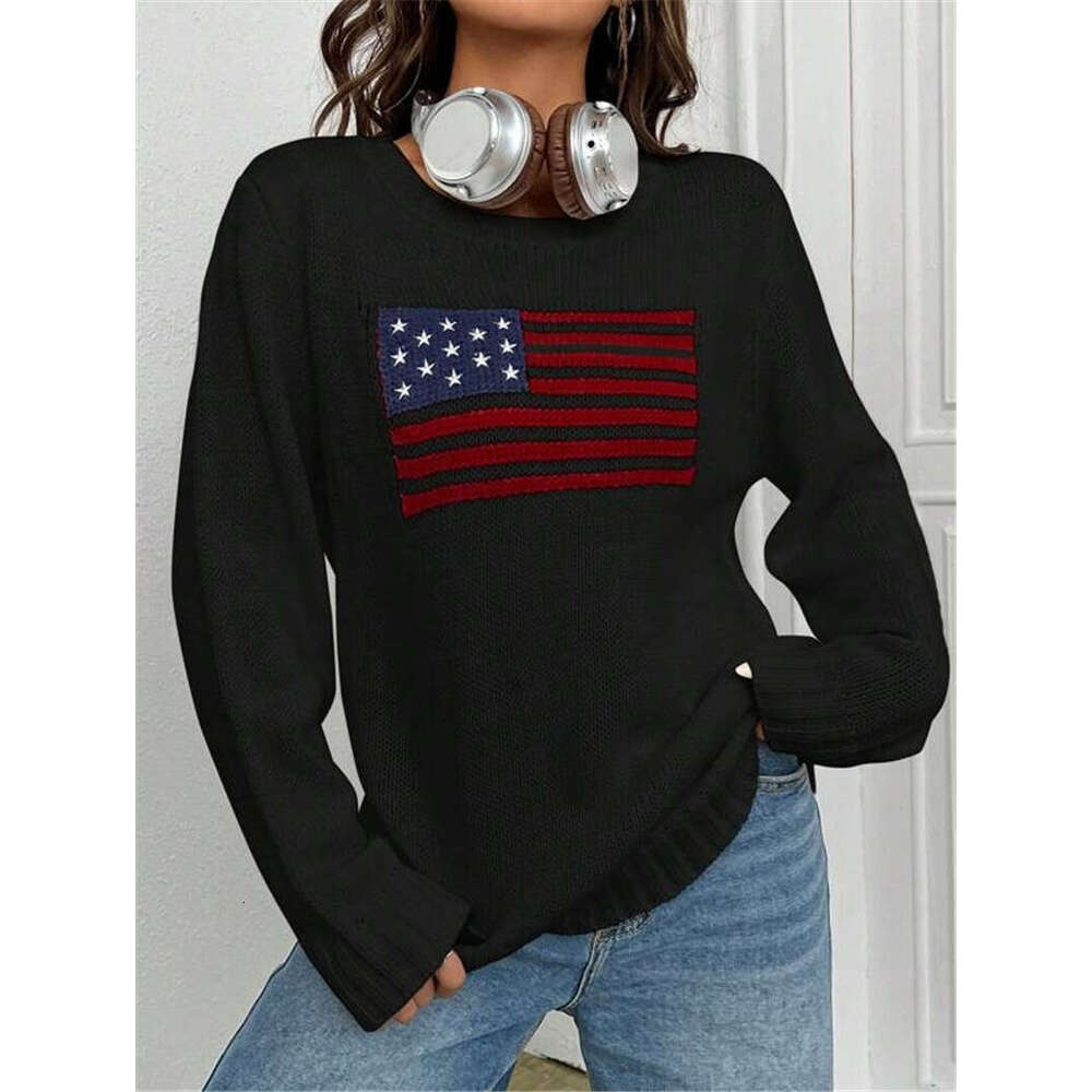 Autumn Winter New Loose Round Neck Flag Pattern Simple and Versatile Knitted Sweater