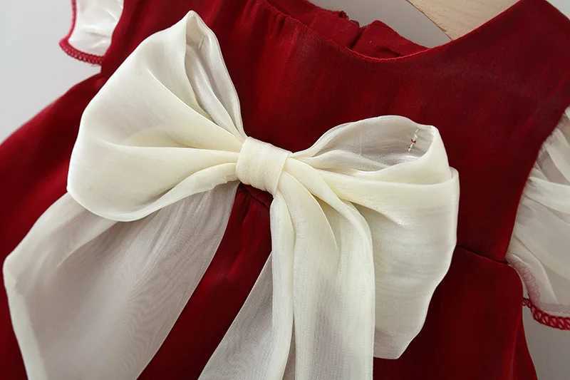New Years Dress Girls Summer Dress Solid Red Flying Sleeves Bow Twilight Cloud Princess Dress Suitable for 0-3 Year Old Babies X250220