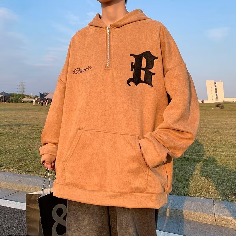 American Embroidered Suede for Men's Autumn Fashion Hiphop Couple Half Zip Hoodie