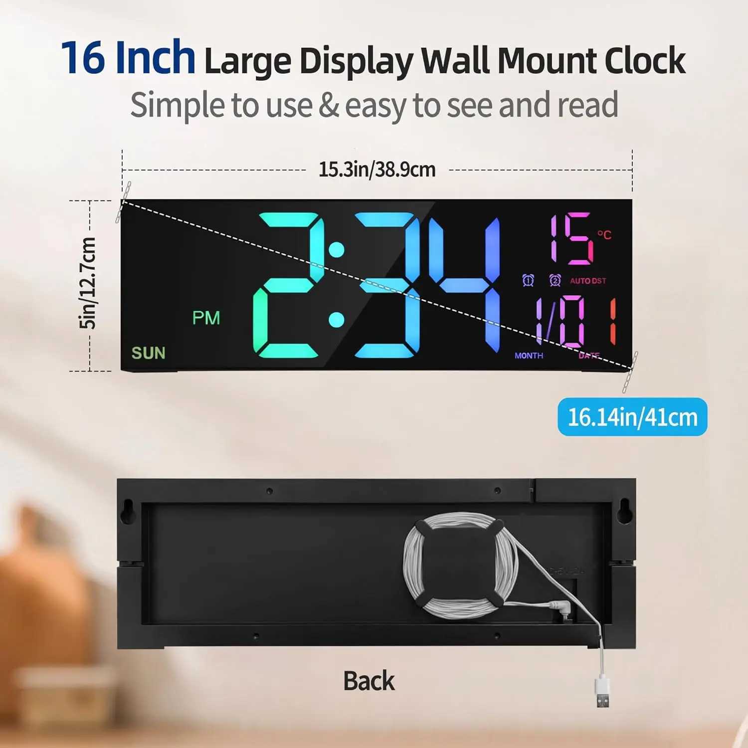 16.2 Large Digital Wall Clock with Remote Control Big LED/Dual Alarm/8 RGB Colors Digital Alarm Clock Electronic WatchM240731