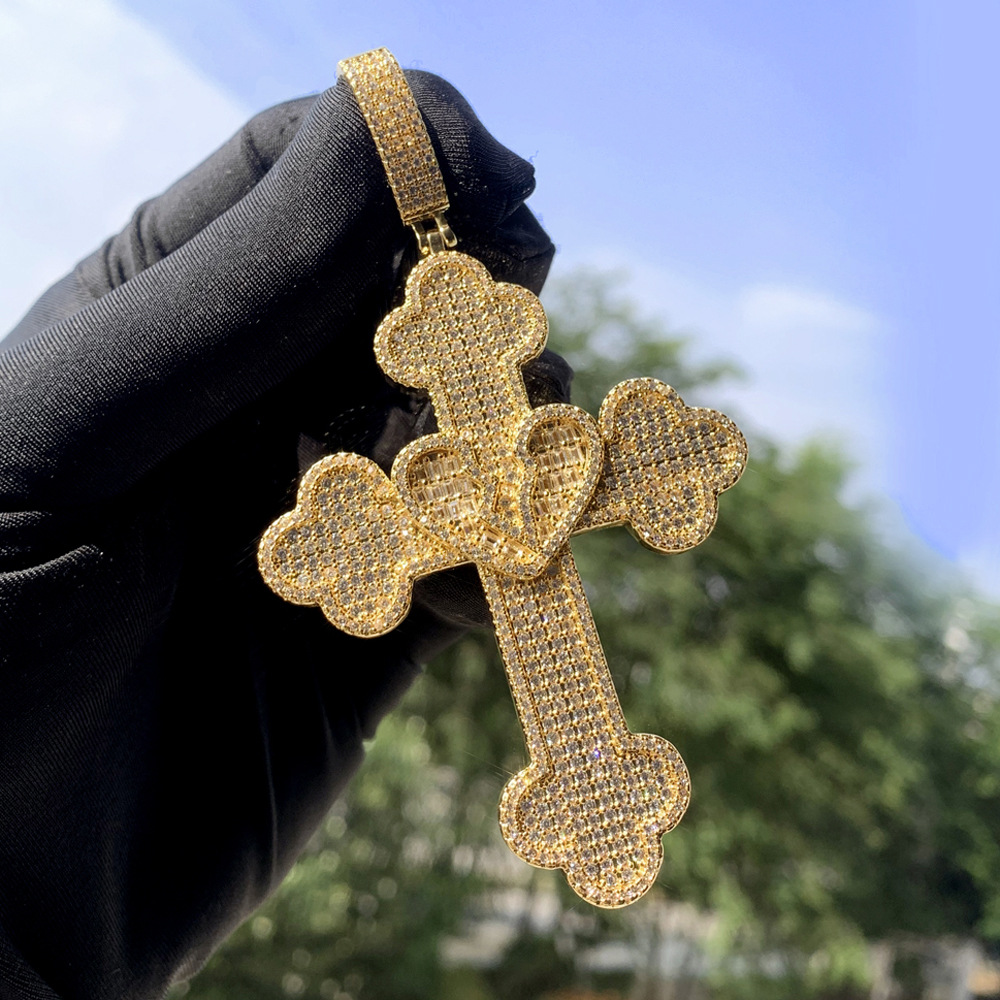 Hip Hop Lover Heart Cross Pendant Necklace 5A Zircon White Gold Plated Religious Jewelry