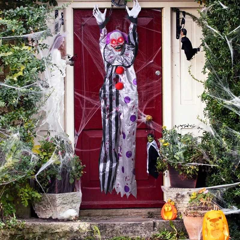 Halloween Animatronic Hanging Decoration Animated Talking Scary Clown with Chain Red Eyes Sound Touch Activated Electric Horror Y240801