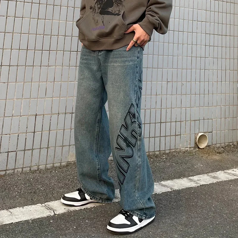 Original American Style Street Letter Sprayed Straight-leg Jeans Men Hip Hop Niche Loose-fit Dragging Bell Bottom Trousers 240802