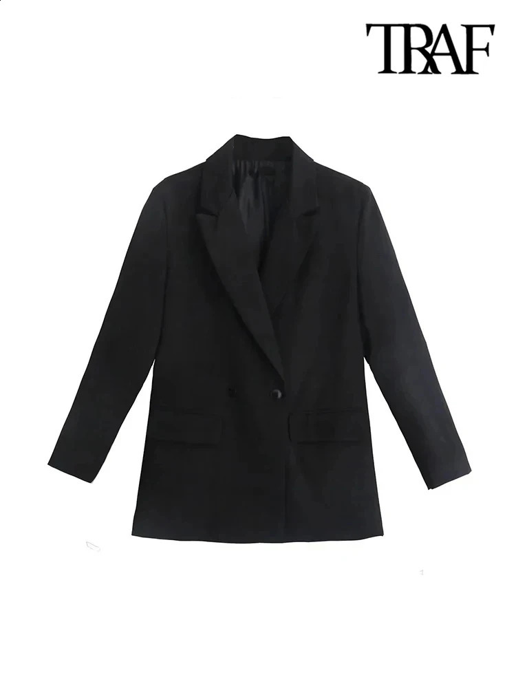 TRAF Womens Fashion Double Chest Loose Set Jacket Retro Long Sleeve Pocket Coat 240827