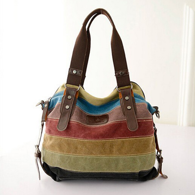 Canvas Totes， Striped Womens Handbag ，Patchwork Rainbow Shoulder Bag， Fashion Female Casual Crossbody Bag