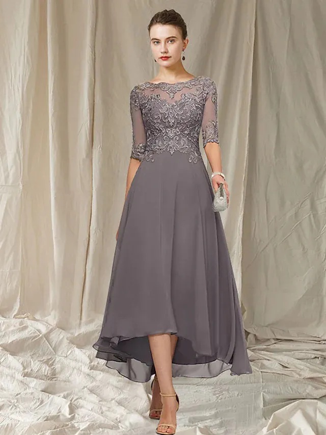 Simple Chiffon Tea-Length Silver Prom Dress Illustion Scoop Long Sleeve Beading Applique Lace Evening Gown Sexy Backless A-Line Prom Dress