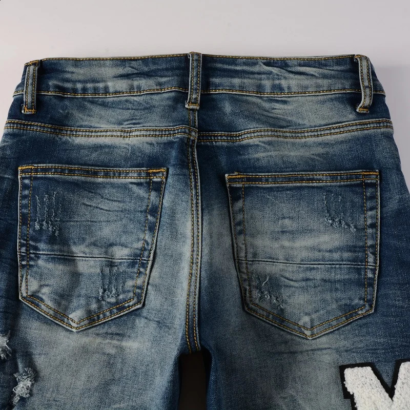 Mens high street blue jeans embroidered with letters tight elastic jeans 240829