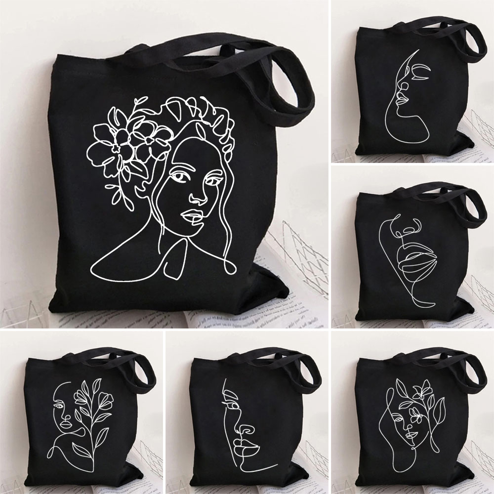 Beautiful Women Face Tote Bag Floral Line Art Fashion Girl Face Print Gift Canvas Shopping Bags Reusable ECO Shopper Bag