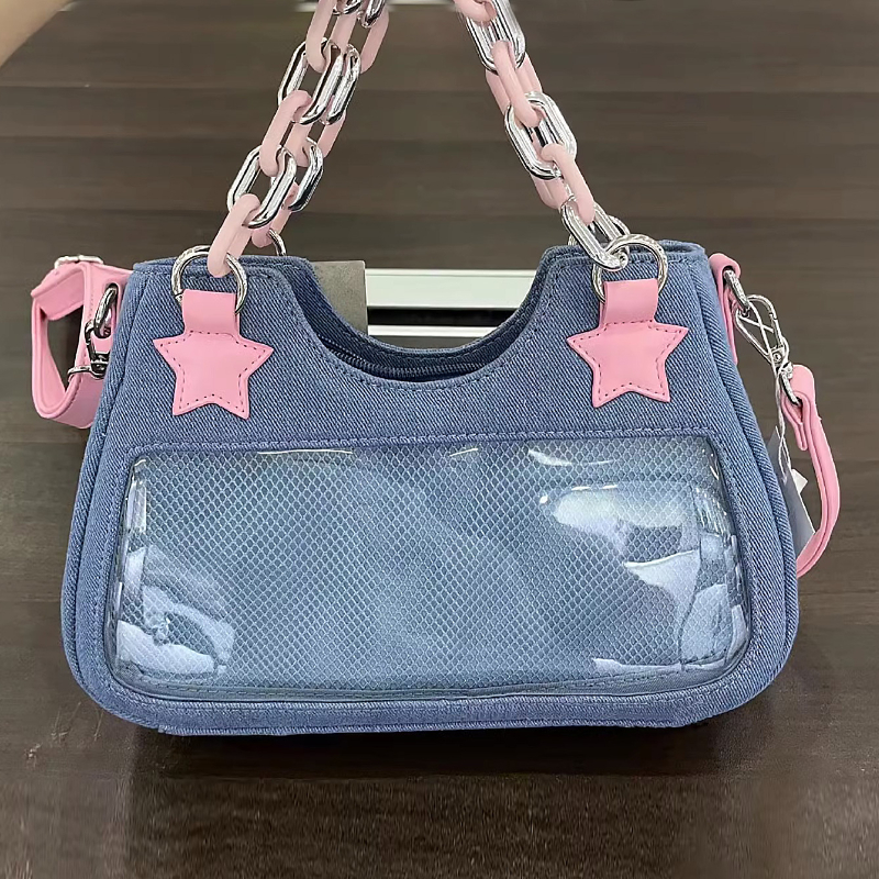Korean Fashion Shoulder Underarm Harajuku Star Tote Denim Bag Chain Ladies Bags Zip Purses Handbags Women 2024 Luxury Square Bag