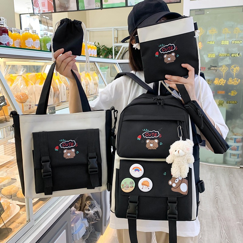 5pcs Ins High Capacity Canvas Student Backpack School Bags for Girls