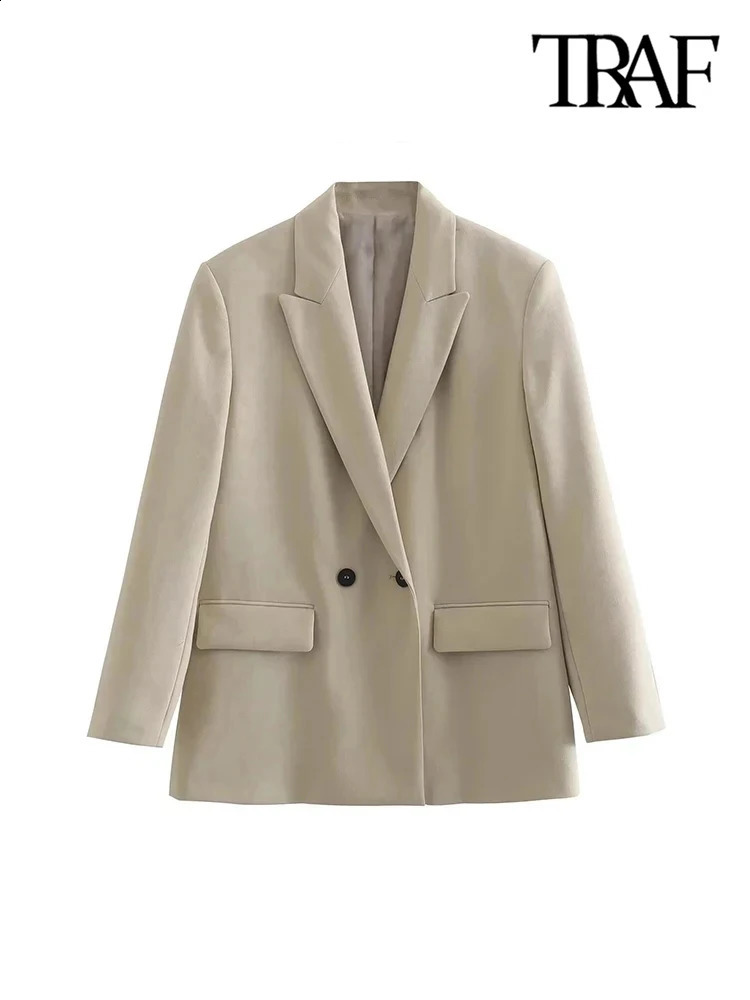 TRAF Womens Fashion Double Chest Loose Set Jacket Retro Long Sleeve Pocket Coat 240827