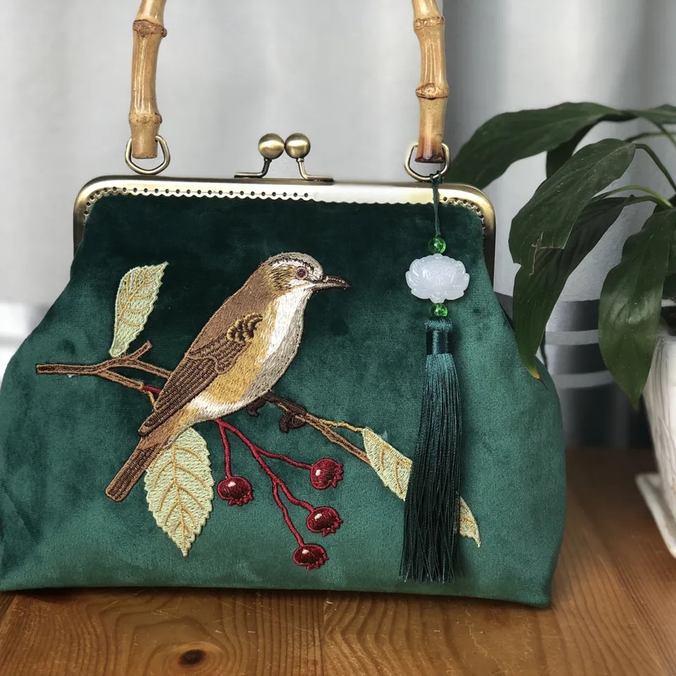 Embroidery Bird Fringe Bag Wood Hand Vintage Fashion Tote Women's Handbags Purses Chain Women Shoulder Crossbody Bag Bags