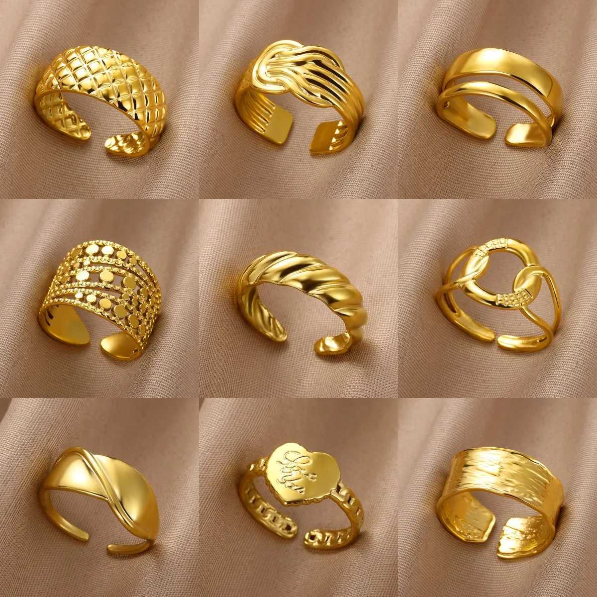 Womens stainless steel ring gold adjustable opening ring couple vacation beach waterproof jewelry gift W240802