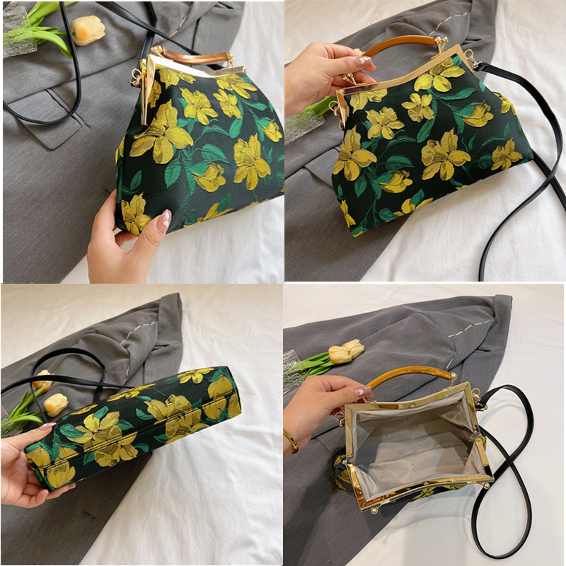 Vintage Flower pattern Evening Bag Wood Handle Clutch Antique Kiss Lock Shoulder Crossbody Bag Kiss Lock Frame Handbag Purse Sac