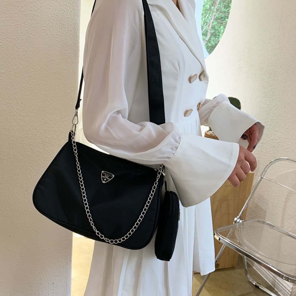 2in1 Sling Bag Simple Black Causal Handbag Set Shoulder Handbags Crossbody Bags Solid Color Trend Hand Bags Woman Female Bag