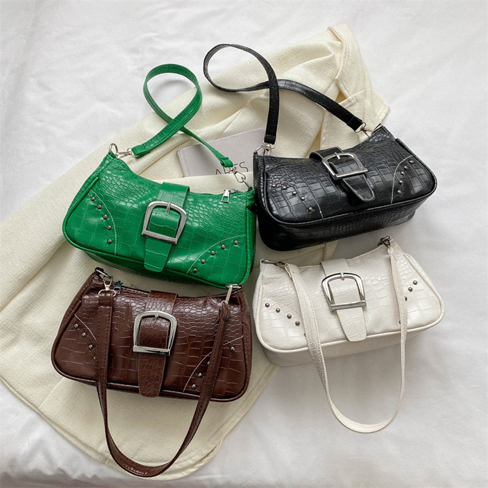 Women Shoulder Bag Rivets PU Leather Fashon Ladies Handbags Y2K Punk Summer Simple Casual Alligator Pattern Trends Handbags
