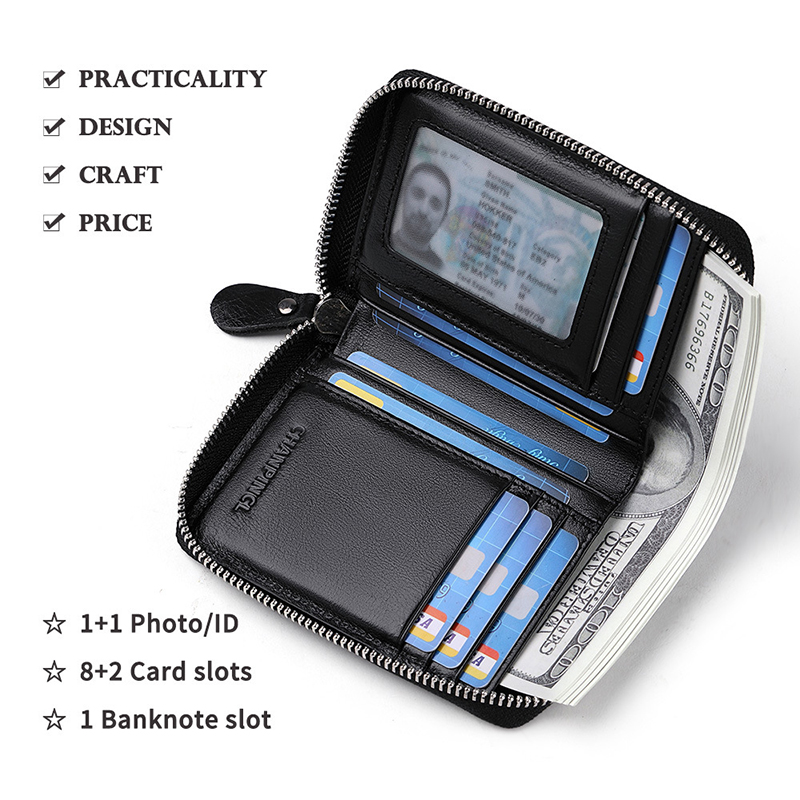 Gift Box Men's Top Layer Cowhide Extraction Card Holder Genuine Leather Zipper Wallets Vertical Multi-functional Business Wallet