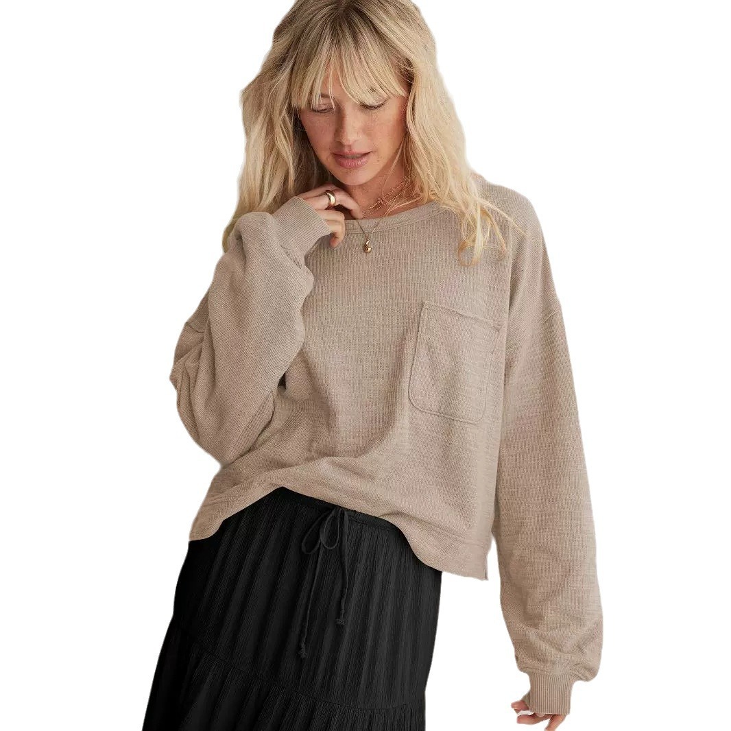 Ribbed round neck top, comfortable casual hoodie, women's long sleeved knitted sweater