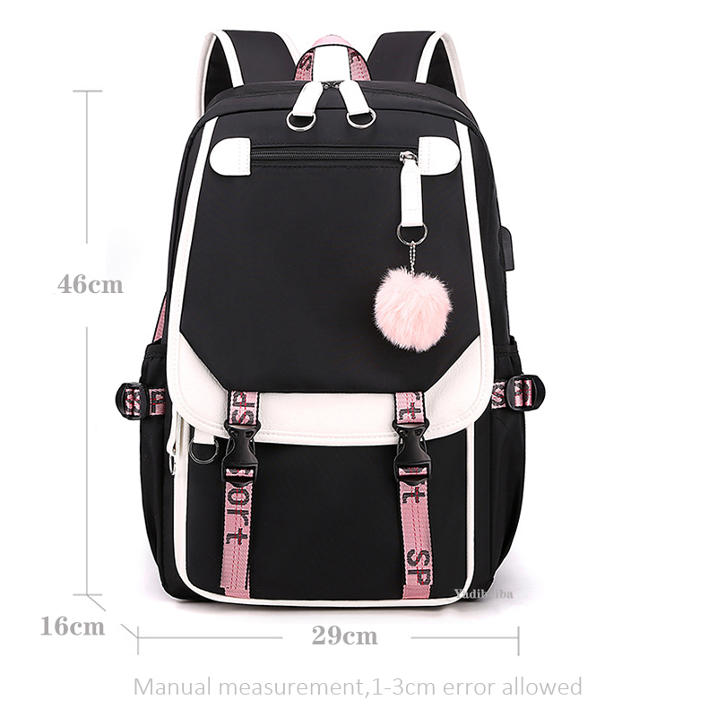 Large School Bags For Teenage Girls USB Port Canvas Schoolbag Student Book Bag Fashion Black Pink Teen School Backpacks Female