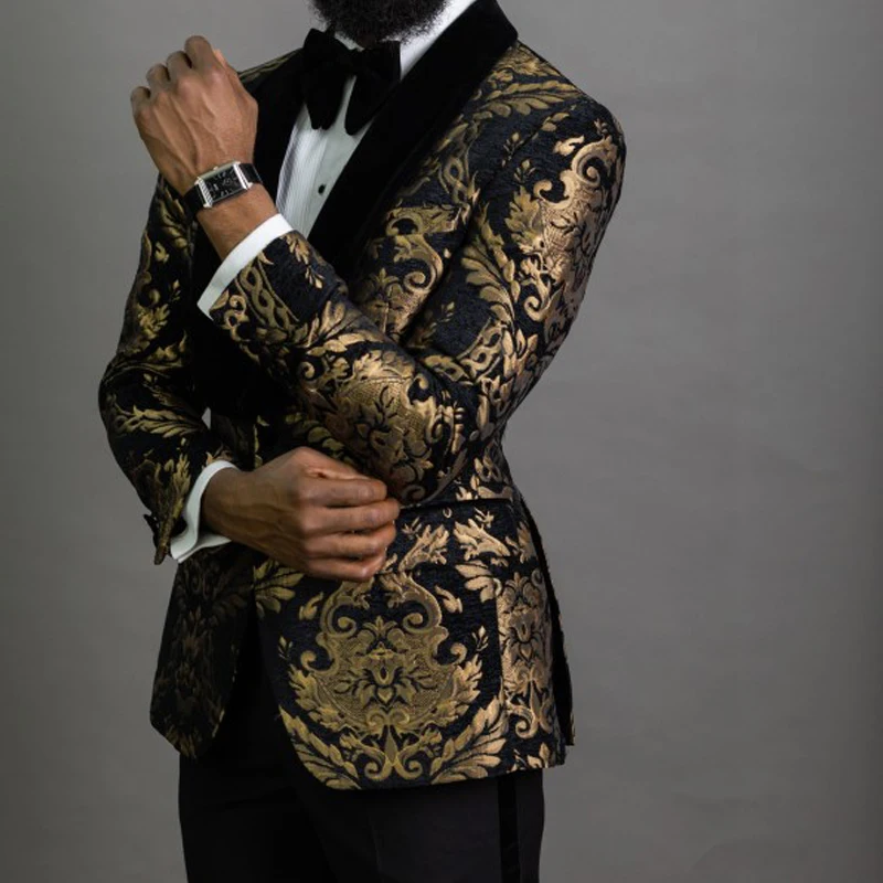 Floral Jacquard Blazer for Men African Fashion Slim Fit Male Suit Jacket with Velvet Shawl Lapel for Wedding Prom Groom Tuxedo Jacket