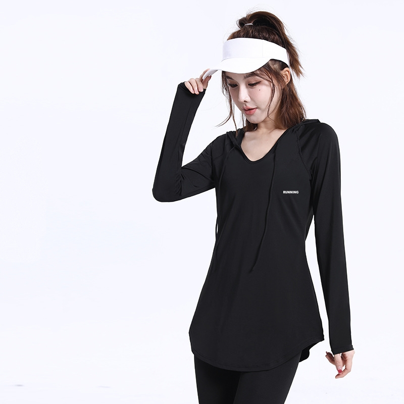 Yoga wear women's loose blazer women's large size medium length fitness wear set hooded fitness wear long sleeve hoodie