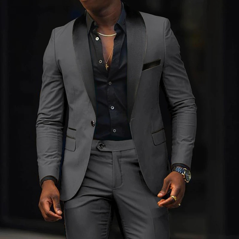 Fashion Men Boutique Business Stretch Fabric Double Slit Solid Color Suit Pants Two Piece Set Dress Blazers Jacket Trousers 240802