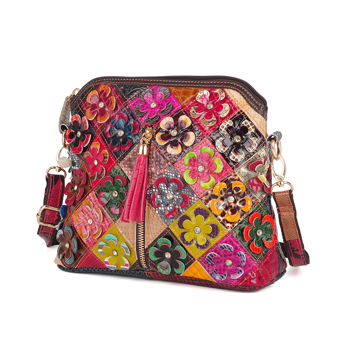 Leather color snake print random color flower Mosaic fringe fashion bag shoulder bag for women small bag