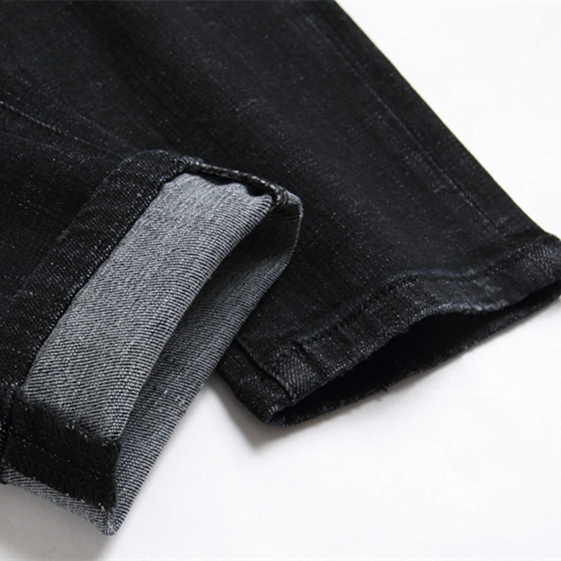 Black digital printed fashionable torn jeans with embroidered letters and rhinestones mid waist casual jeans 240829